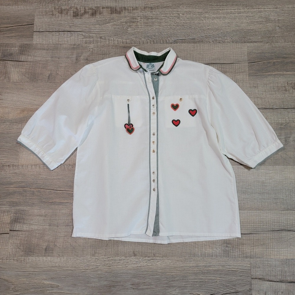 Hammerschmid Cotton German Dirndl Button Up Puff Sleeve Heart Detail Top Size 12